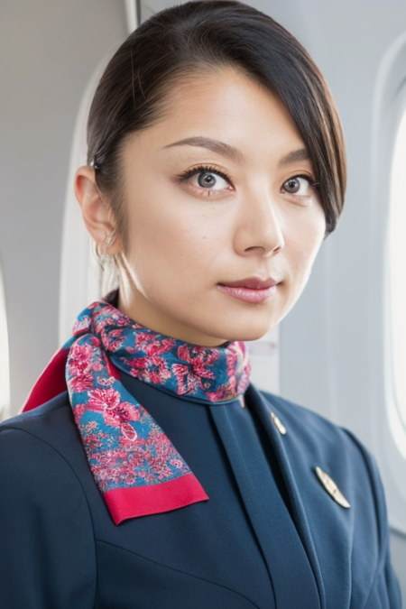 jal uniform,a woman in a uniform and red neck scarf,(RAW photo, best quality), (realistic, photo-realistic:1.4), masterpiece, an extremely delicate and beautiful, extremely detailed, 2k wallpaper, Amazing, finely detail, extremely detailed CG unity 8k wallpaper, ultra-detailed, highres, soft light, beautiful detailed girl, extremely detailed eyes and face, beautiful detailed nose, beautiful detailed eyes,inside an aeroplane interior,perfect anatomy,soft light,slender body,standing,