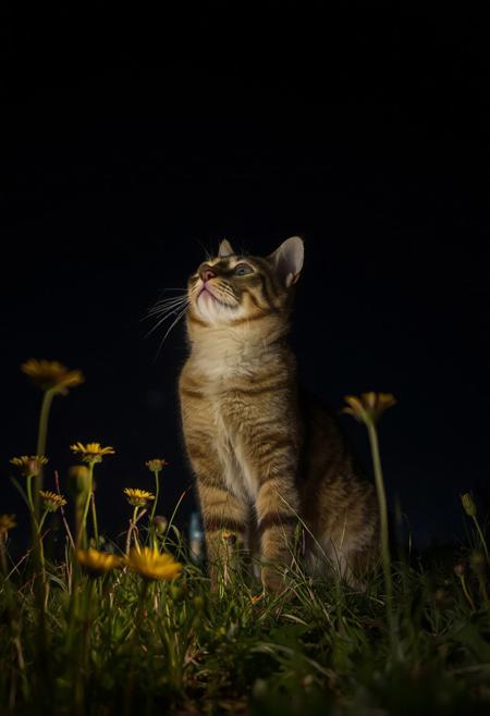 a cat looking at sky in night, wild flowers are lighted and blooming on ground