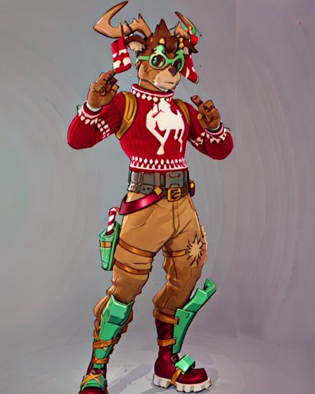 <lora:Fortnite_Dolph:0.6>, Fortnite_Dolph, Novelty Glasses, Christmas Sweater, Belt, Christmas Stocking, Christmas Lights, Candycane, Pistol Holster, Christmas Ball Ornament, Khaki Pants, Shin Guards, Boots, (((heroic pose))), cartoon, 80s anime, anime, vector drawing