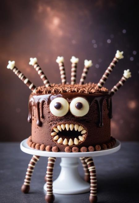 an expressive chocolate cake, detailed, perfect composition, googly eyes, sharp chocolate teeth  with extra long legs, in space. Close up, blurry background.