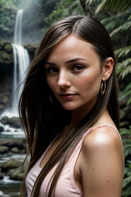 photo of (br1ana3v1gan-135:0.99), a beautiful woman, perfect hair upsweep updo, earrings, jewelry, (modern photo), (wearing a Deep Pink tank top:1.2), 24mm, (analog, cinematic, film grain:1.3), (trees and a waterfall in the background, jungle:1.2), detailed eyes, (seductive pose), (epicPhoto), (looking at viewer), (cinematic shot:1.3), PA7_Portrait-MCU