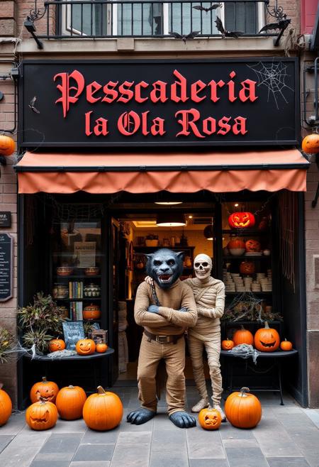 Storefront of a local food shop with a sign reading 'Pescaderia la Ola Rosa' in gothic Halloween-inspired font. In front, a friendly werewolf and a mummy are posing, surrounded by classic Halloween decorations: carved pumpkins, cobwebs in the corners, and bats flying above. The colors are dark oranges, purples, and blacks, creating a spooky yet inviting Halloween atmosphere. The scene should feel festive and welcoming, suitable for a small food store celebrating Halloween.