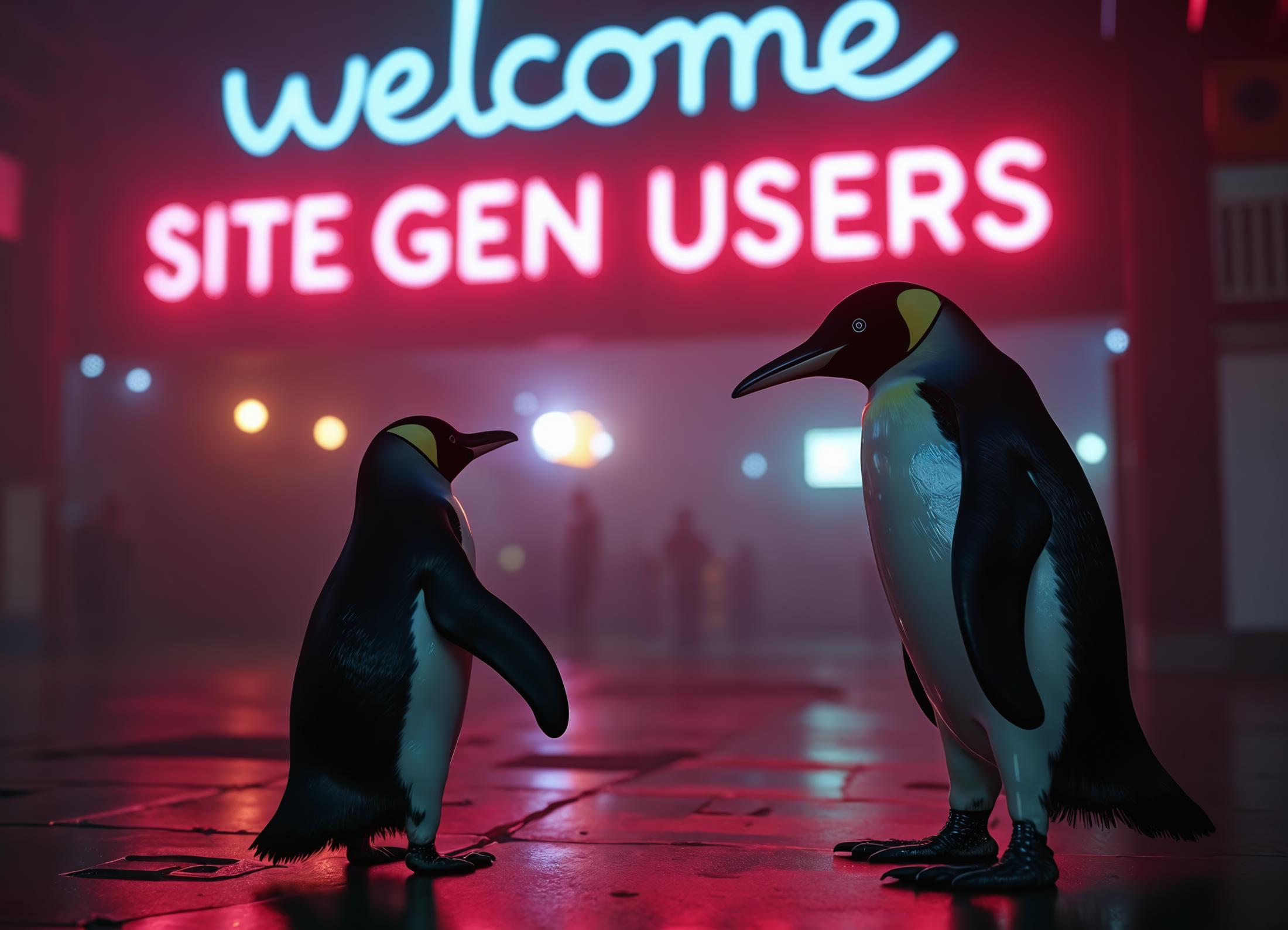 cyberpunk, penguin looking suspicious, next to large neon sign with text that reads "welcome site gen users"