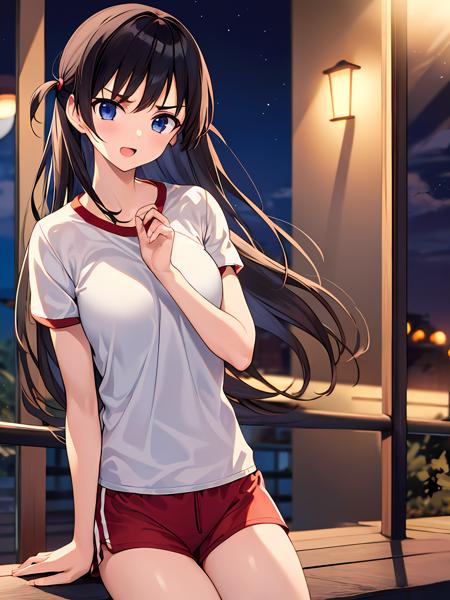 (exceptional, best aesthetic, new, newest, best quality, masterpiece, extremely detailed), 1girl, solo, tsukamototenma, white_shirt, gym_shorts, serious, v-shaped_eyebrows, looking_at_viewer, open_mouth, talking, night_sky, clouds