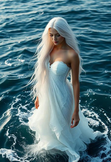 a woman, aprhodite goddess, dress made by the ocean waves, in the middle of the ocean, in white, white long hair, beautiful, high detailed, 8k.