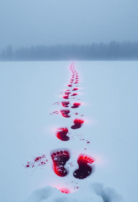 "In the frozen, crystal expanse of a snow-shrouded field, a blizzard raged, its icy tendrils swirling like a chorus of ghostly ballerinas. Amidst the tempest, a trail of crimson footprints blazed like rubies, leading away from the viewer's gaze and into the dark, velvety maw of a distant forest. The snowflakes danced around each print, as if attempting to erase the bloody path, but the stains persisted, like the faint, rose-tinted whispers of a forgotten tragedy. In the distance, the forest loomed, its silhouette a jagged, inky slash across the horizon, its darkness seeming to seethe and twist, like a living, sentient entity, waiting to devour the secrets that the footprints promised to reveal." highest-Quality, intricate details, visually stunning, Masterpiece
