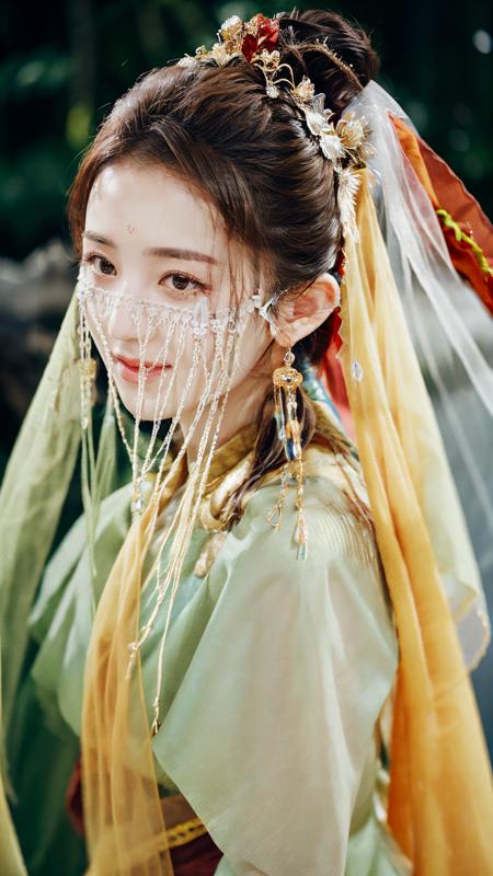 huji,fine - art photography,soft portrait shot 8 k,mid length,ultrarealistic uhd upper body,unsplash,kodak ultra max 800,85 mm,intricate,centered symmetrical composition,stunning photos,masterpiece,grainy,centered composition,smile:1.3,(sharp face:1.2),
<lora:xiyuhuji_V1-000006:0.8>,<lora:add_detail:0.4>,(face curtains:1.5),huadian,red duohuan_dress,solo,jewelry,hair ornament,earrings,single hair bun,(veil:1.3),