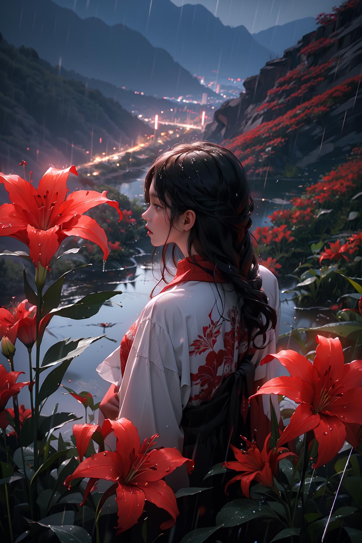 A girl standing in a field of flowers.