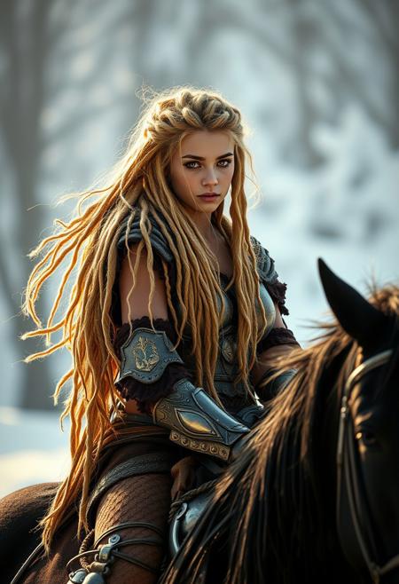 Latina girl, golden hair, gold eyes, golden eyes,
,dreadlocks, lots of hair, golden dreadlocks, Viking girl, Viking themed background, snowy background 
BREAK, 
Dramatic lighting, girl riding black horse, horse on back 2 legs girl on horses back, girl has gold eyes, 
BREAK,
huge natural tits, girl has skimpy gold armor 
BREAK,
big natural boobs, beautiful face, massive tits, thin waist big ass, massive realistic boobs