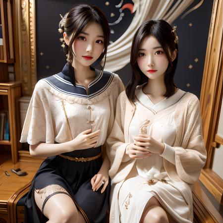 "Realistic style,  masterpiece,  top quality,  intricate,  8K,  HDR,  cinematic lighting,  precise details,  accurate human anatomy,  the entire body in the frame.
A girl and a cat,  the girl wearing a black short dress with many traditional Chinese cultural patterns and designs,  such as motifs and paintings. The dress is natural/flowing/elegant,  with a genuine expression and a smile.
They are seated on a large yellow crescent moon against a dark sky background,  adorned with numerous small star-shaped pixels.",<lora:EMS-12225-EMS:-0.400000>,<lora:EMS-257474-EMS:0.800000>