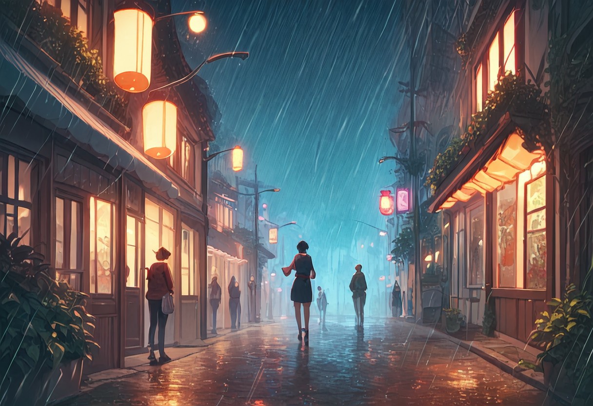 score_9, score_8_up, score_8. score_9, score_8_up, score_7_up, masterpiece, 4k, high quality, (best quality:1.1),anime, beautiful drawing, rainy street, a melancholic nerd looks at the sky with rain mixed with tears and wonders about the future