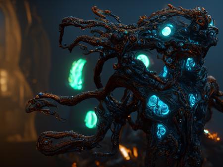 eldritch ((tensorfunk)) demon, [biopunk] bionic implants, incomprehensible, terrifying, fractal anatomy, zbrush, cinema 4d, octane render, path tracing, ornate textures, unreal engine 5