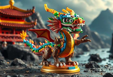 The detailed 4K image showcases a vibrant Googly-Eyes Drum Dragon, standing proudly on a Gold Moon Coin base, with its colorful body composed of blocks and pieces in bold blues, greens, reds, oranges, and yellows. The Googly-Eyes Drum Dragon, ready for action, has its arms and legs spread out, against a epic Giant Flood backdrop. The image, hyper-realistic with vivid colors and sharp lines, highlights the Googly-Eyes Drum Dragon's dynamic action pose and captivating lighting, showcasing its handcrafted precision, creative design, and joyful impact. The Googly-Eyes Drum Dragon, a celebration of color and creativity, stands in the foreground with impeccable composition, stunning the viewer with its detailed face, beautiful eyes, and powerful message.
