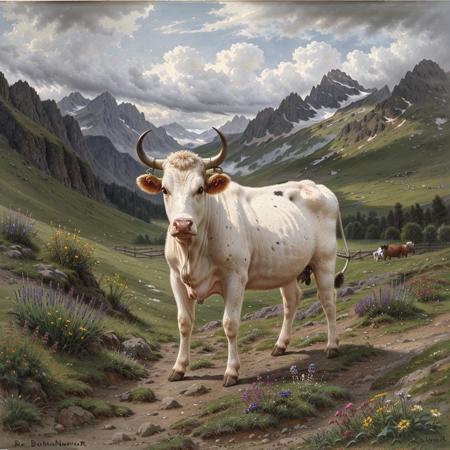 a painting of a cow and by Bnhr, no humans, outdoors, grass, cloud, mountain, flower, cloudy sky, scenery, day, animal, horns, nature, standing, <lora:bonheur_resize:0.8>