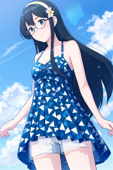 (masterpiece), (best quality), (ultra-detailed), photorealistic, (best illustration), (an extremely delicate and beautiful), 1girl, solo, ooyodo \(kancolle\),  from below, upskirt, print dress, bra strap, long hair, black hair, (yellow) hairband, hair flower, blue dress,  semi-rimless eyewear, sleeveless dress, shorts under dress, bare shoulders, white flower, (anchor ornament), detailed scenery, blue sky, white cloud, <lora:ooyodo_nai_3-32:0.8>, triangle pattern