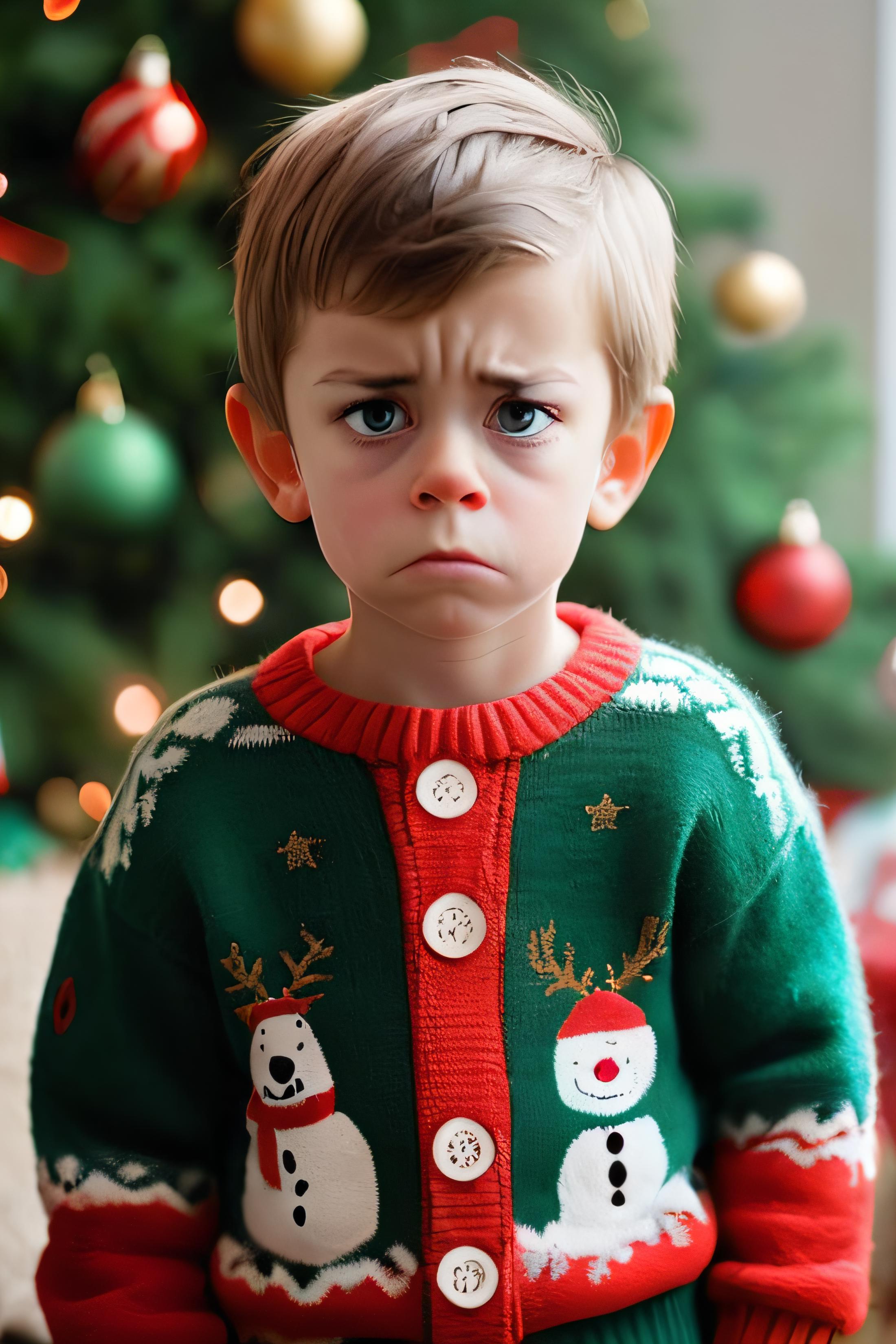 A young child wearing a Christmas sweater with Rudolph the reindeer and Santa Claus.