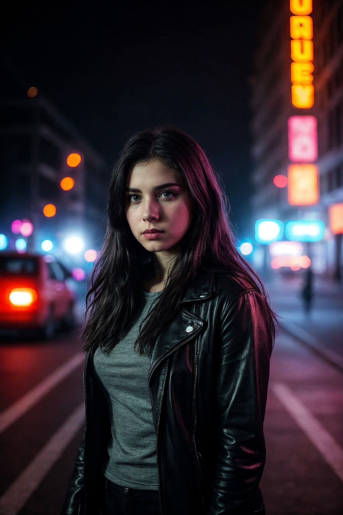 city street, neon, fog, volumetric, closeup portrait photo of young woman in dark clothes