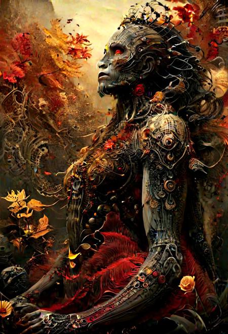 demon in the cage, cyborg, scifi, robot, muscular, black hair, dark flesh, deep red eyes, dark canvas shaman clothes with gold plating, tattoos,
ecstasy of insects and decayed leaves, full body photo of a lich queen with insects and flowers on hair and neck, snakes and worms, 
rage, beast, no humanity, fractal art, dark art, (zentangle, mandala, tangle, entangle), 
tribal aesthetic, Impromptu dissection was performed under less-than-optimal lighting conditions,
best quality, masterpiece, detailed, intricate detail, photo realistic, highly detailed