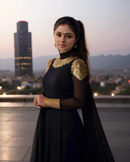 a photo of a 25-year-old woman, smrn, professional portrait photo,high neck Long Anarkali Gown, high ponytail, Tight-lipped determination  solo, night time, city bokeh lights   <lora:smrn_Simran_Bagga_SD15_LoRA_prodigy_local_regs:1>