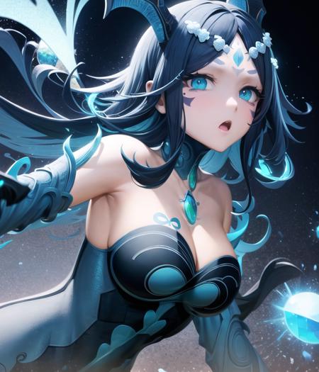 best quality, anime illustration, digital painting, bonanus, bent over, 1girl, :o, facial mark, blue gemstone, seashell+circlet, forehead jewel, forehead mark, gem, long dark blue hair and hair flaps, horns, blue eyes, intricate bodysuit, bare shoulders, chest tattoo, cleavage, claws, lake, (blue aura, powerful blast:1.3), finely detailed background, amazing background