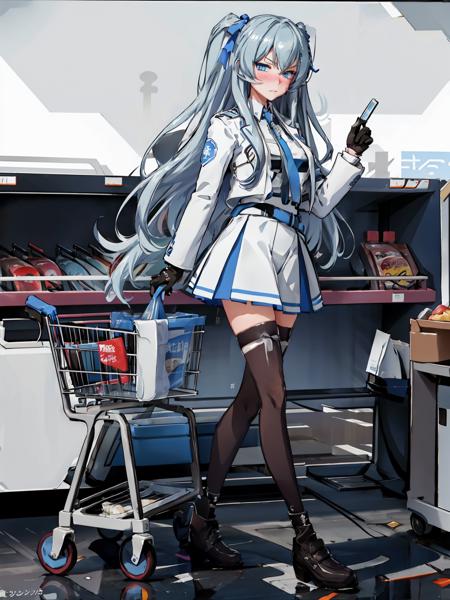 grocery store, shelves, shopping cart, flustered, embarrassed, scowl, blushing, zettai, ryouiki, walking, from side,
elena, blue eyes, long hair, two side up, school uniform, white skirt, black thighhighs, black gloves, hair ribbon, black footwear,
 <lyco:GoodHands-vanilla:1>, <lora:Game-EternalReturn-SCPElena:0.8>