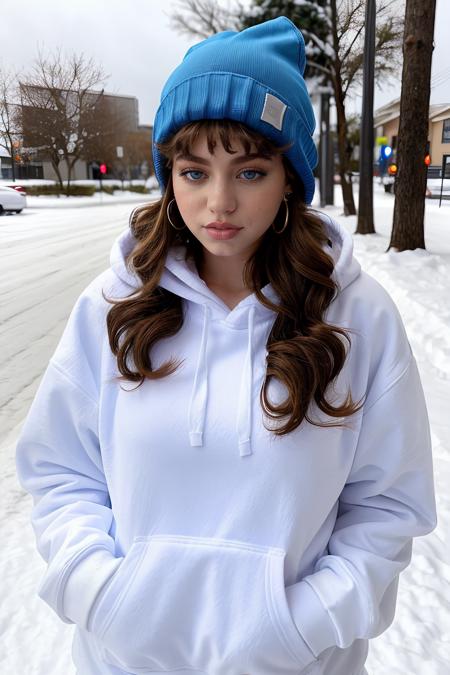 iamdytto wearing white hoodie, long hair, [blue eyes], makeup,
beanie hat, earrings,
upper body, solid snowy background, 
 <lora:iamDytto_v1.1:0.7>