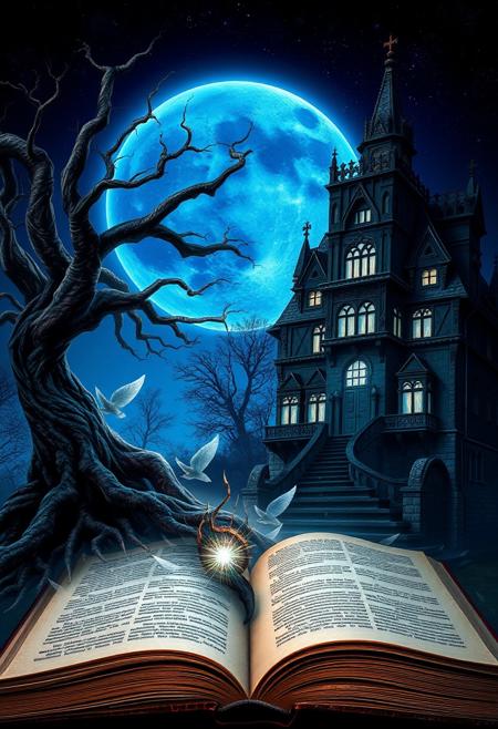 The image is a highly detailed, dark, gothic fantasy digital image, featuring an open book in the foreground, the pages crackle with magic as they transform and blend into a  fantastic landscape. a large, gnarled tree on the left, with twisted branches and roots that dissolve into the page, and a multi-story, gothic mansion on the right, an evil glow spreads from its windows. In the background a ghostly blue moon rises against an inky blue starry night sky, adding a spectral mood to the scene. The overall style is highly detailed and imaginative, blending elements of fantasy and realism seamlessly. The colours are rich and vibrant.