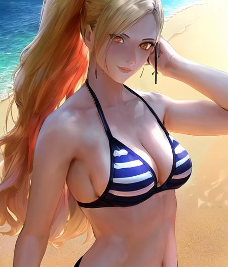 sfw_High_detail_character_portrait of a solo_playful_attractive_(blond:1)_kisara_in_(pink_striped_bikini_with_intricate_pattern:1.1) is resting_and_posing_and_(motherly_looking_at_viewer:1), (sunlit_beach:1), sand, ocean, (beautiful_face:1.0), , (tales_of_arise_artsyle:1.1), bandai_namco_character, highly_detailed, sharp_shadows, hdr, gigapixel , (ultra detailed:1.3), textured_skin, (detailed_dark_amber_eyes:0.8), cutscene_full_size_shot, ultra_wide_wallpaper, dutch_angle, ([midriff|abs]:1.0), playboy_centerfold_pose, (kind_eyes_and_face_expression:0.9), hand_on_hip, (masterpiece, best_quality, intricate_details, detailed_background:1.2), outdoors_details, perfect_anatomy, (high_ponytail:1.0), 200mm, hdr, medium_breast_size, art_by_wlop, professional_art, <lora:kisara:1.1>