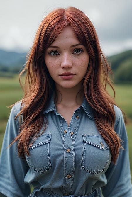 beautiful woman (EPM4d1s0nK4t3:.99), perfect hair with ((side-swept fringe:1.2)), jewellery, ((portrait)), (closeup:1.2), ((from the waist up)), (((  beautiful scenery, rural, overcast :1.2 ))), natural skin texture,  ((  Cross-front blouse and denim shorts :1.2)), 24mm, 4k textures, soft cinematic light, adobe lightroom, photolab, hdr, intricate, elegant, highly detailed, sharp focus, ((((cinematic look)))), soothing tones, insane details, intricate details, hyperdetailed, low contrast, soft cinematic light, exposure blend, hdr, faded, now, ("I've got a bad feeling about this.":1.1)