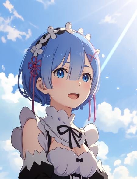 best quality, masterpiece, <lora:Rem-000009:0.9:MID>, phRem, 1girl, blue hair, solo, maid, roswaal mansion maid uniform, looking at viewer, outdoors, open mouth, anime coloring, maid headdress, upper body,  light particles, light rays, wallpaper, high contrast, colorful, blue background, blue sky, sky