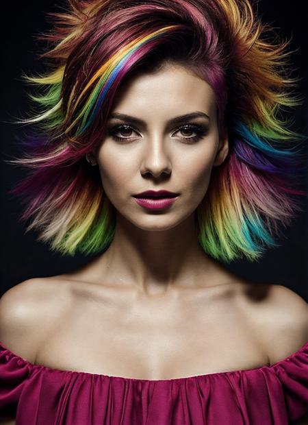 portrait of sks woman by Flora Borsi, style by Flora Borsi, bold, bright colours, rainbow Mohawk haircut, ((Flora Borsi)), <lora:locon_victoriajustice_v1_from_v1_64_32:1>