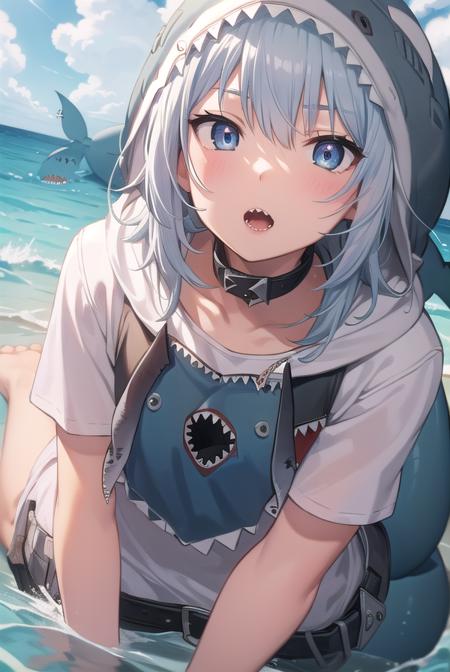 gura gawr, blue hair, grey hair, medium hair, multicolored hair, shark girl, sharp teeth, two side up, teeth, (animal hood:1.5), blue nails, fins, fish tail, hood, long sleeves, (shark hood:1.5), shark tail, tail,