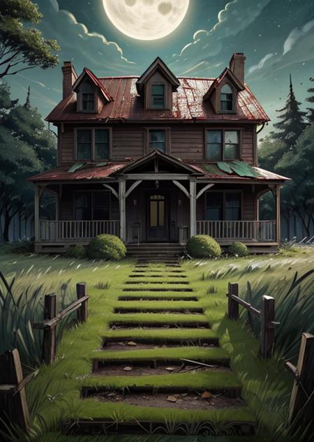 abandoned house, broken planks, moss, broken steps, unkempt yard, tall grass, weeds, terror,night,horror (theme),