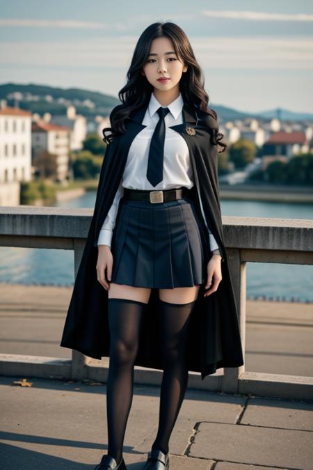 realistic, masterpiece, high detailed skin, looking at viewer, full body shot, scenic view, long hair, black hair
school uniform, long sleeves, black cape, black necktie, wing collar, shirt, belt, skirt, pantyhose, loafers <lora:Black_School_Dress_By_Stable_Yogi:1>