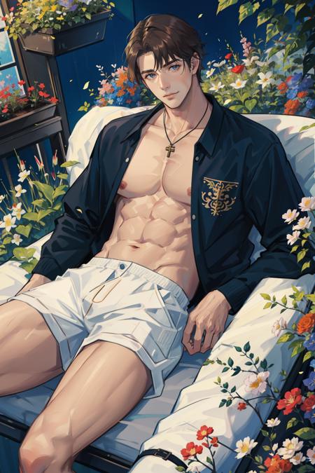 masterpiece, best quality, 1 male, adult, mature, tall, broad shoulders, handsome, intricate details, a man lying in a flower garden, casual clothes, dutch angle