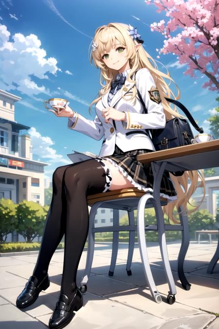 <lora:LireGC-02:0.8> , liregc, looking at viewer, smile, skirt, shirt, hair ornament, thighhighs, long sleeves, bow, holding, sitting, very long hair, closed mouth, school uniform, jacket, full body, white shirt, braid, flower, pleated skirt, outdoors, frills, sky, shoes, day, hair flower, black skirt, bag, black footwear, white thighhighs, tree, cup, plaid, plaid skirt, chair, blazer, white jacket, white flower, loafers, building, holding cup, teacup, school bag, saucer, holding saucer