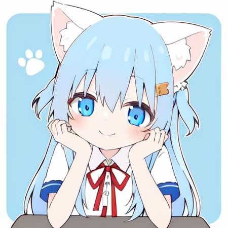 <lora:super-jiamiaoersanshi-v1:1>,nekobohe, blue eyes, animal ears, smile, cat ears, solo, blue hair, hair ornament, long hair, looking at viewer, two side up, virtual youtuber, blush, ribbon, bangs, animal ear fluff, shirt, head rest, short sleeves, hairclip