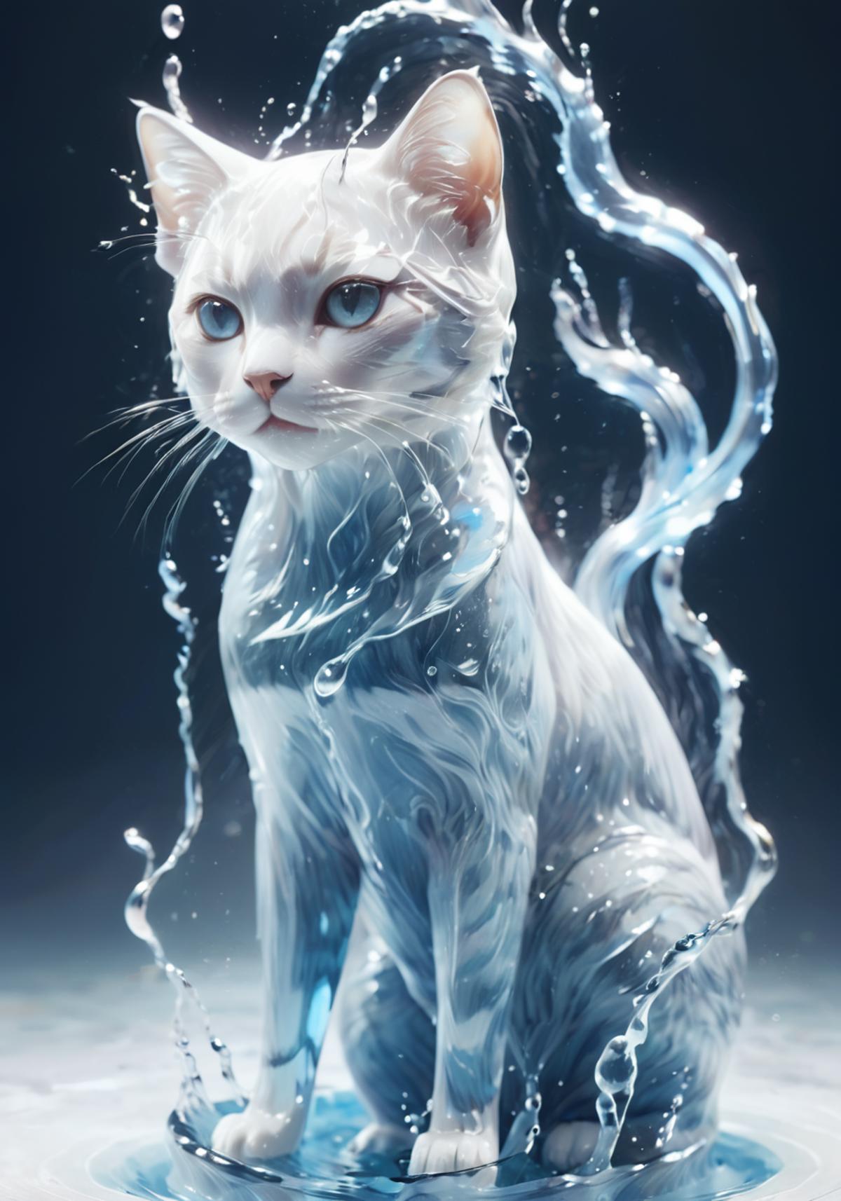 White cat standing in water with blue eyes and a blue tail.