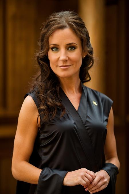 ninja costume ,  pagoda , evening  <lora:Orla_Brady:1> masterpiece, best quality, detailed face,, 1girl, solo, a mature o1873b, brown_eyes, realistic, brown_hair, long_hair, posing,