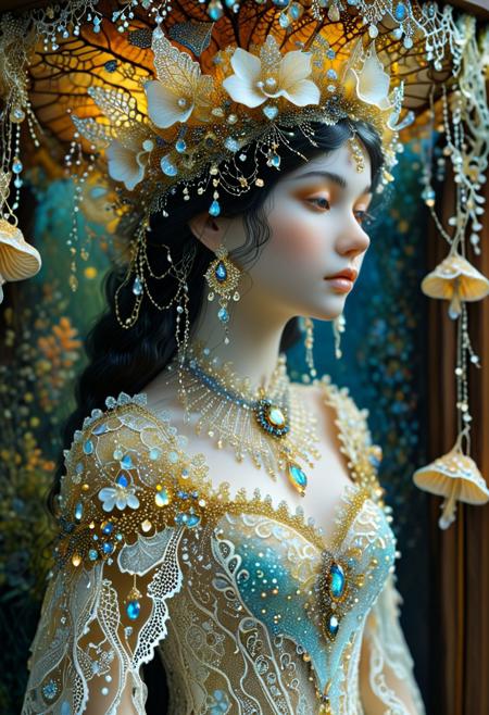 A fairy queen with dark hair is intricately adorned, featuring lace, Miatake mushrooms, triboluminescent crystals, and elaborate lace. The detailed design also includes shelf fungi, Grifola frondosa, and iridescent elements reminiscent of Gustav Klimt's artwork. Delicate spiderwebs hang with jewels and dew, further enhancing her ethereal beauty.
