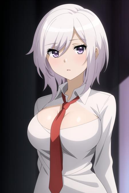 elena, anime art style, 1girl, solo, breasts, shirt, hair_between_eyes, upper_body, white_hair, necktie, uniform, grey_eyes, eyes_visible_through_hair, red_necktie, purple_background