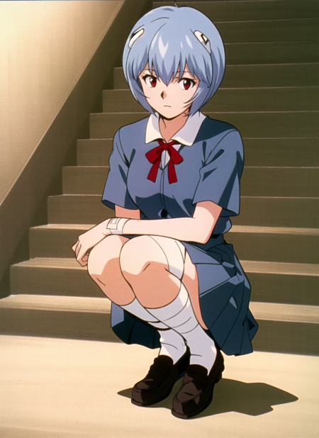 evangelion anime style, anime screencap, 1990s_\(style\),  ayanami rei, 1girl, :|, bandaged arm, bandages, blue hair, blue shirt, blue skirt, border, breasts, closed mouth, dated, hair between eyes, knees, loafers, looking at viewer, pleated skirt, red eyes, red ribbon, ribbon, school uniform, shirt, shoes, short hair, short sleeves, skirt, small breasts, socks, solo, squatting, stairs, tokyo-3 middle school uniform, white border, white socks<lora:evangelion_anime_style_offset:1>