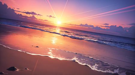 Masterpiece, best quality, outdoors, beach, sunset, reflection, multicolored sky, pink sky, purple sky, orange sky, gradient sky, gradient water, light blue water, dark blue water, sand, sun, lens flare, dutch angle, no people, scenery,