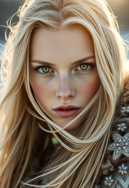stunning blonde girl, nordic princess, amazing amber eyes, the sunlight behind her is illuminating her golden blonde hair, her expression is intense yet the emotion is undefinable, the cold wind gently blows the delicate strands of blonde hair