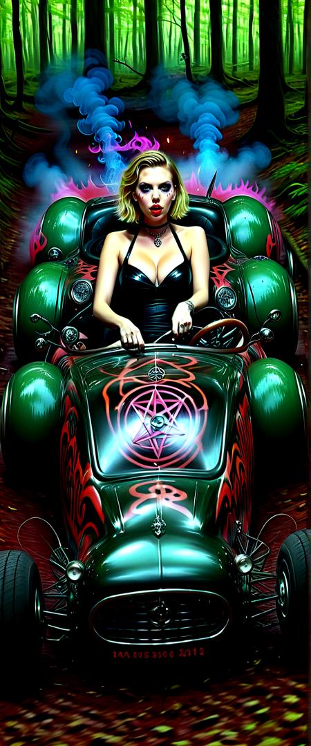 Occult satanic artwork Scarlett Johansson driving a mini sh3lby car, speed, fast, psychedelic smoke, beautyfull natural eye, sppoky forrest, latex,,. Pentagrams, demonic figures, inverted crosses, dark ritualistic horror