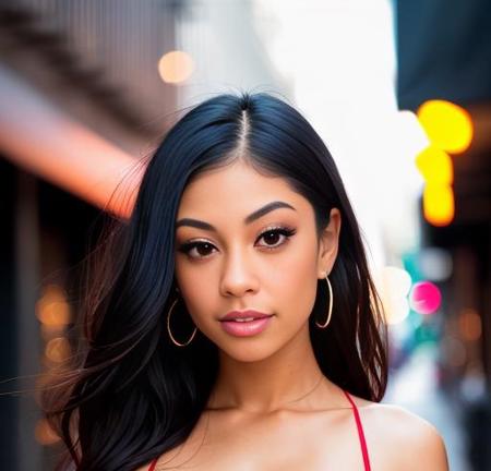 RAW uhd closeup portrait photo of XXLaynaMaria walking down a dark alleyway nighttime city background, (red sundress), (cleavage), detailed , highly detailed glossy eyes, (looking at the camera), specular lighting, dslr, ultra quality, sharp focus, tack sharp, dof, film grain, (centered), Fujifilm XT3, crystal clear, center of frame, cute face, sharp focus, street lamp, neon lights, bokeh, (dimly lit), low key, at night, (night sky)<lora:XXLaynaMaria:1.0>