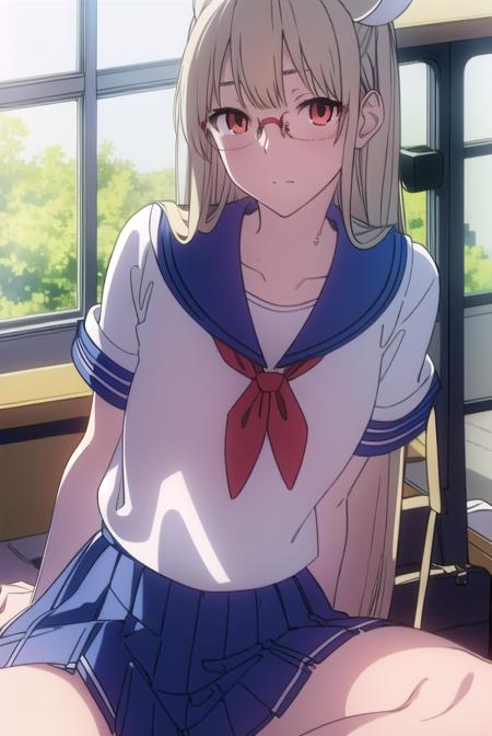 kotonesasaki, <lyco:kotonesasaki-LYCORIStest:1>,
kotone sasaki, long hair, (red eyes:1.5), glasses, blonde hair, hair pin, (small breast:1.2),
BREAK sailor uniform, serafuku, blue sailor collar, short sleeves, skirt, blue skirt, school uniform,
BREAK looking at viewer,
BREAK indoors, classroom,
BREAK <lora:GoodHands-vanilla:1>, (masterpiece:1.2), best quality, high resolution, unity 8k wallpaper, (illustration:0.8), (beautiful detailed eyes:1.6), extremely detailed face, perfect lighting, extremely detailed CG, (perfect hands, perfect anatomy),