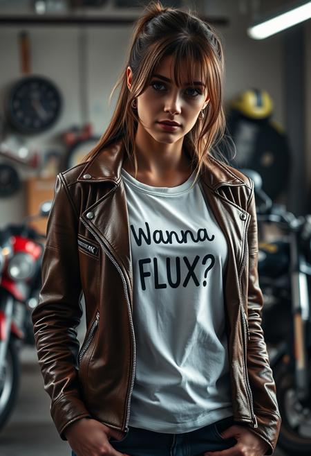 skinny girl, wearing a brown leather motorcycle jacket, white inner shirt with text printed "Wanna FLUX?", hd, motorcycle garage, raw photo, 8k, high resolution, photorealistic, cinematic