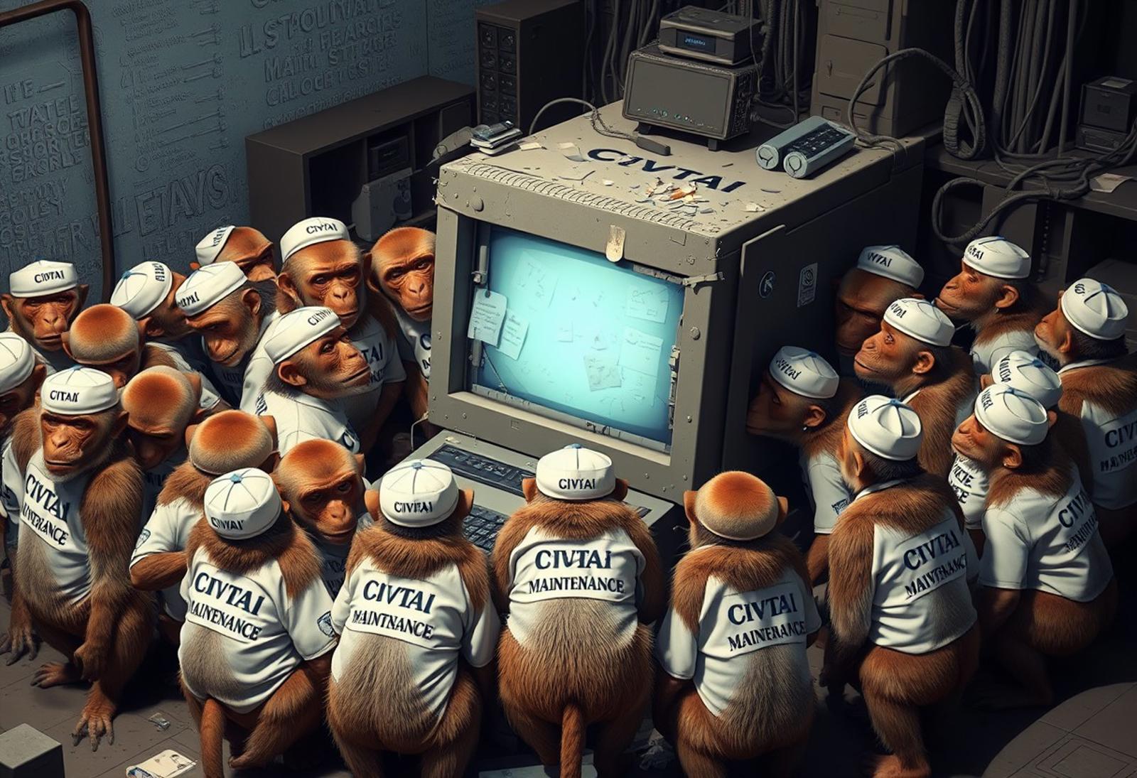 A hundred confused monkeys standing a round a large broken computer wearing shirts and hats that say "Civitai Maintenance"