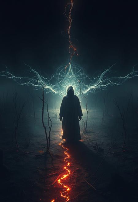 An ethereal, spiritual creative light art piece features a mysterious figure within a dark, overpopulated wasteland.  The image uses high-quality, photorealistic rendering with dramatic composition, emphasizing intense detail and a barren landscape.  An ominous, apocalyptic atmosphere is created with mystical lighting and abstract patterns.